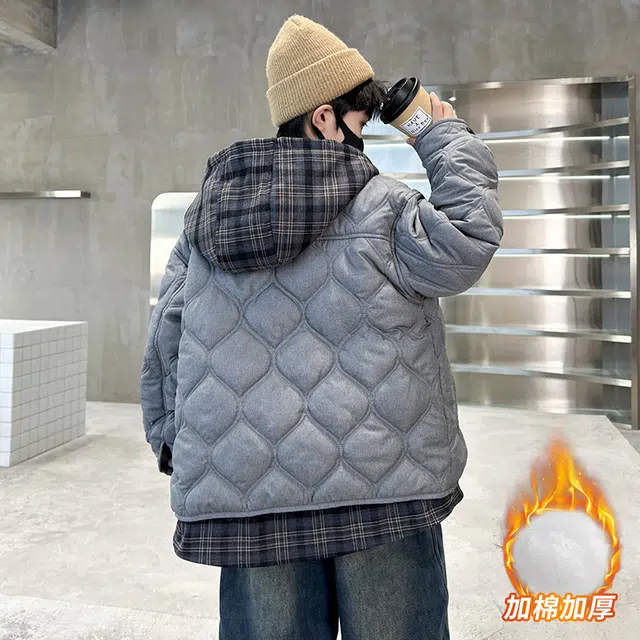 浪莎休闲棉衣 冬季 加棉加厚拼接格子棉服 青少年