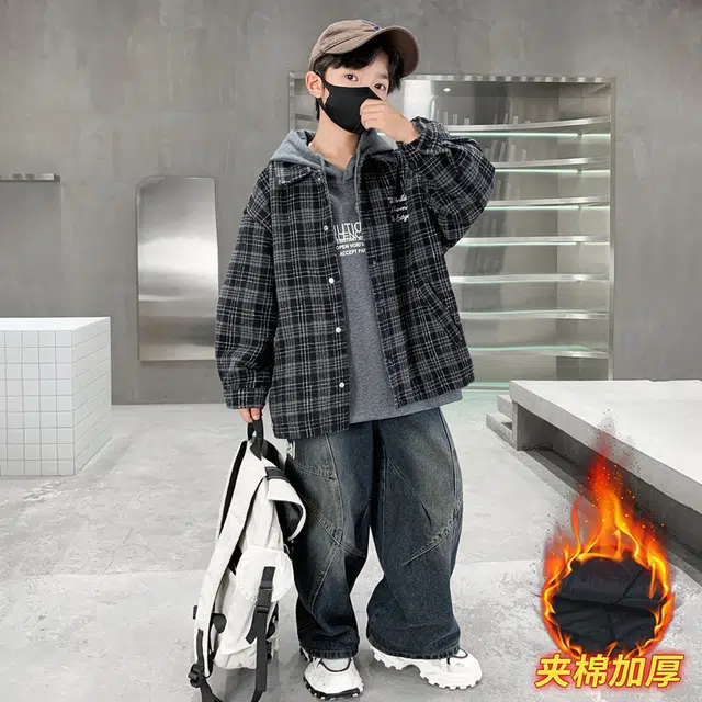 浪莎休闲棉衣 冬季 夹棉加厚格子棉服 黑色 青少年