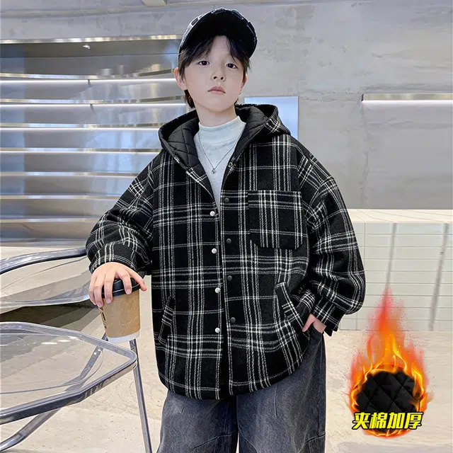浪莎休闲棉衣 冬季 长袖夹棉加厚格子棉服 黑色 青少年
