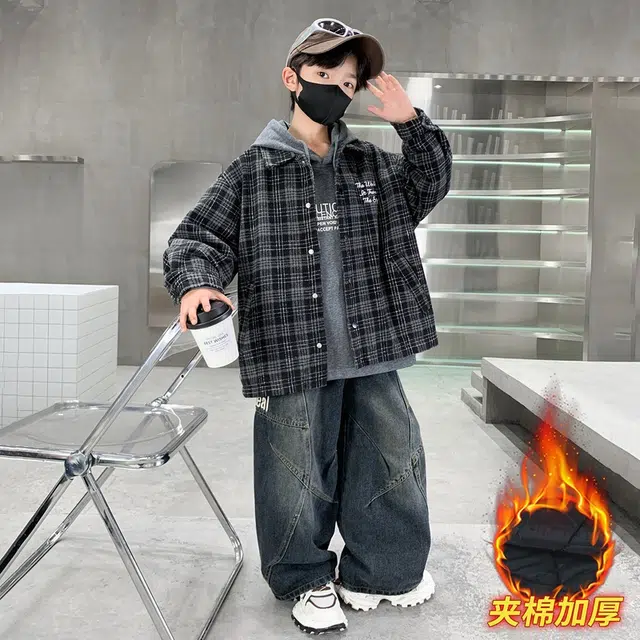 浪莎休闲棉衣 冬季 夹棉加厚格子棉服 黑色 青少年