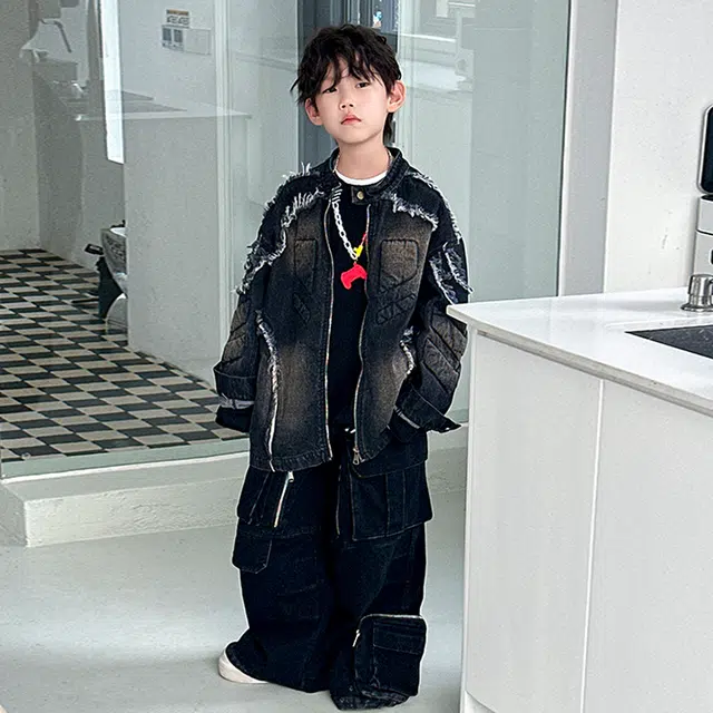 浪莎休闲夹克 春秋 潮流毛边外套 黑色 青少年