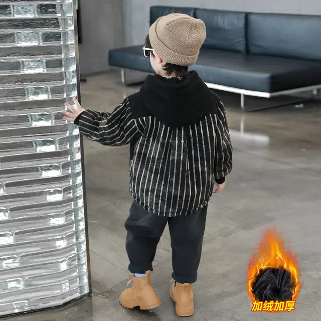 浪莎休闲棉衣 冬季 加绒加厚拼接条纹棉服 黑色 中小童