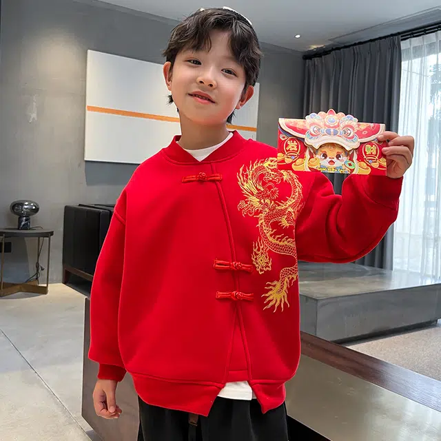浪莎 本命年龙年系列 中国风印花盘扣立领卫衣 儿童款 红色