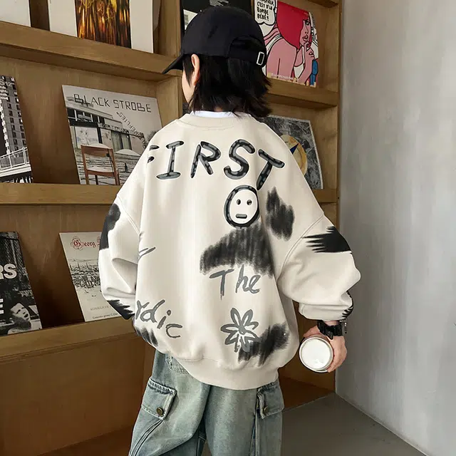 浪莎休闲卫衣 春秋 潮流卡通印花圆领上衣 米色 青少年