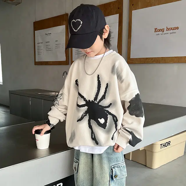 浪莎休闲卫衣 春秋 潮流卡通印花圆领上衣 米色 青少年