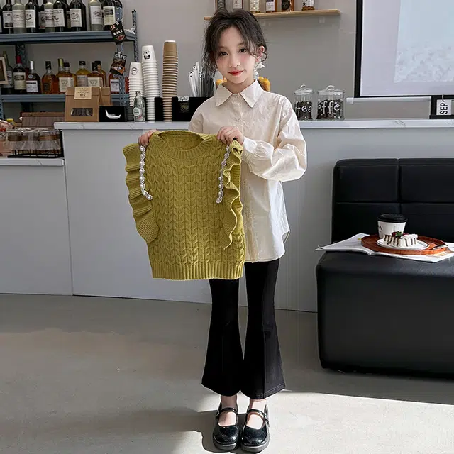 浪莎 花边衬衣洋气马甲喇叭裤三件休闲运动套装 儿童款