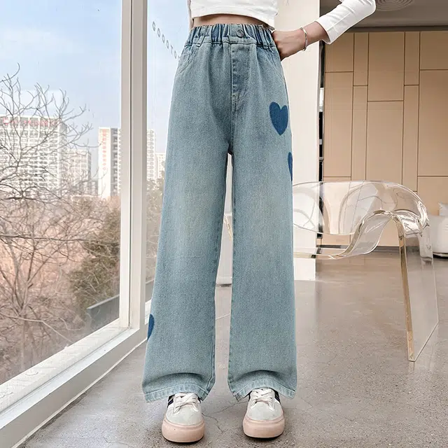 浪莎 休闲爱心印花阔腿牛仔裤 儿童款 蓝色