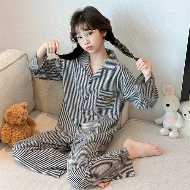 浪莎家居服套装 春秋 洋气舒适条纹睡衣两件套 灰色青少年