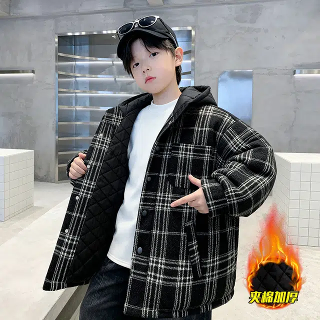 浪莎休闲棉衣 冬季 长袖夹棉加厚格子棉服 黑色 青少年
