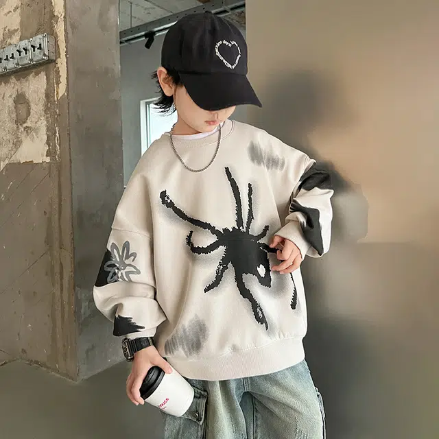 浪莎休闲卫衣 春秋 潮流卡通印花圆领上衣 米色 青少年