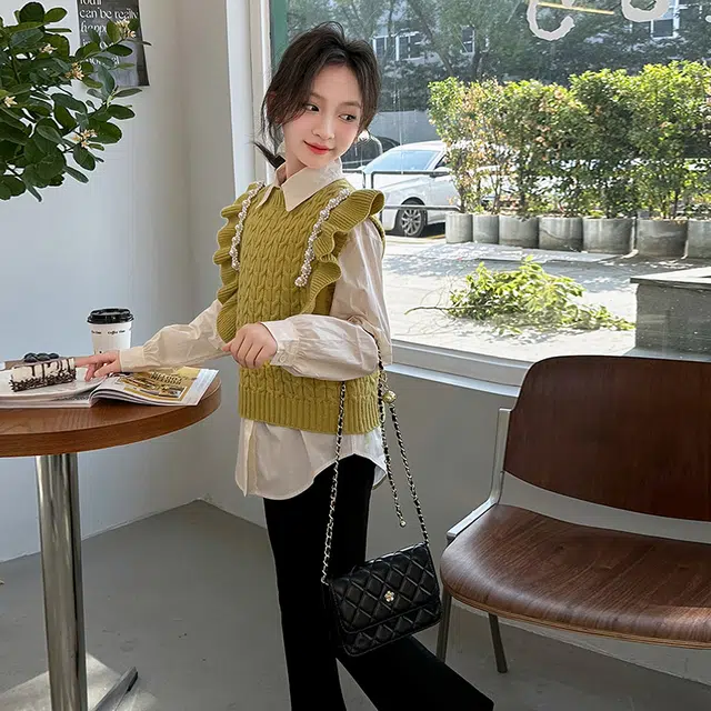 浪莎 花边衬衣洋气马甲喇叭裤三件休闲运动套装 儿童款