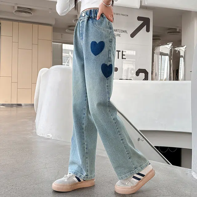浪莎 休闲爱心印花阔腿牛仔裤 儿童款 蓝色