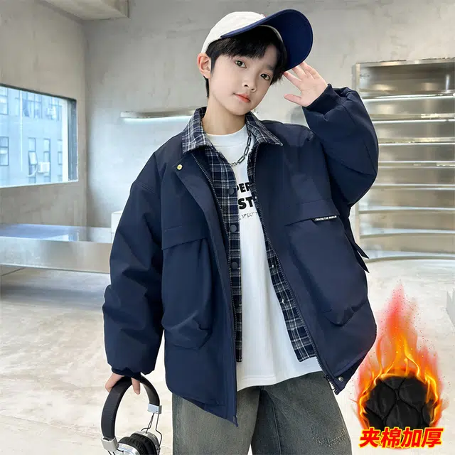 浪莎休闲棉衣 冬季 夹棉加厚拼接格子棉服 青少年