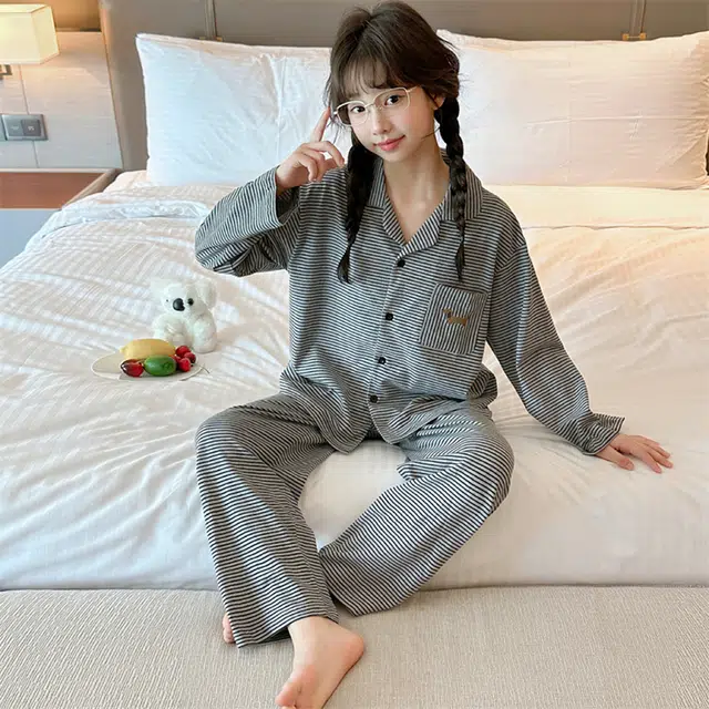 浪莎家居服套装 春秋 洋气舒适条纹睡衣两件套 灰色青少年