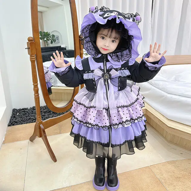 浪莎 花边蕾丝长袖洛丽塔羽绒服 儿童款 黑色