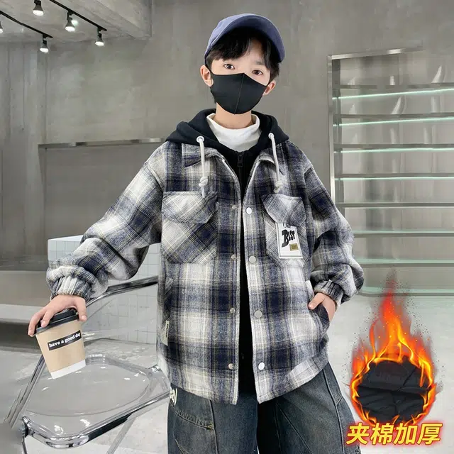 浪莎休闲棉衣 冬季 夹棉加厚时尚格子棉服 黑色 青少年