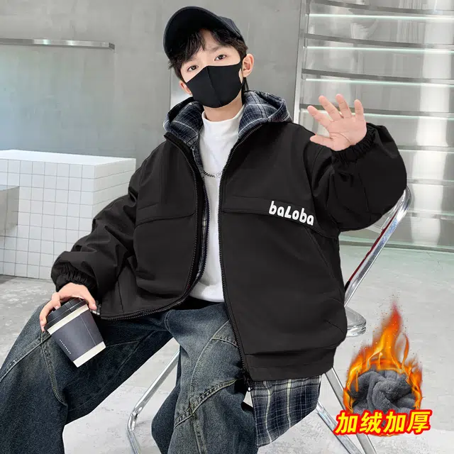 浪莎休闲棉衣 冬季 加绒加厚拼接格子棉服 青少年