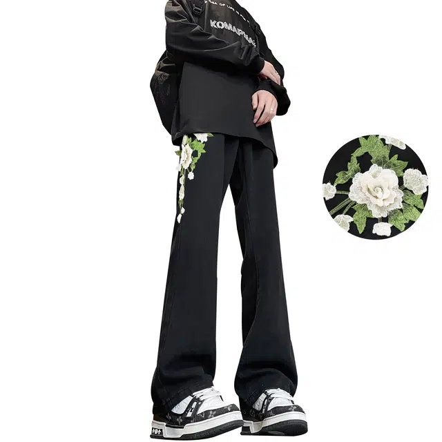 【万针刺绣3D立体浮雕】布客行 显腿长显高显瘦重工美式复古水洗直筒基础款文艺风花卉透气高街舒适亲肤休闲百搭微喇长裤牛仔裤 男女同款