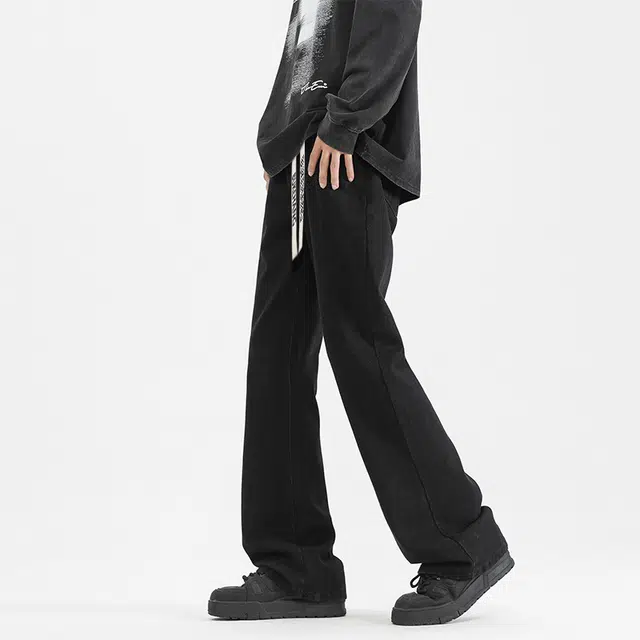 布客行 美式复古废土风修身水洗直筒基础款高街舒适亲肤透气微喇弯刀休闲百搭纯色裤子抽绳弹力长裤牛仔裤 男女同款