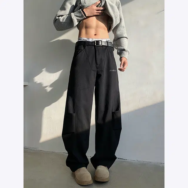 【解构弯刀黑白牛】布客行 美式复古高街潮牌立体设计感休闲舒适百搭港风不规则明线拼接褶皱工装中性风显高瘦腿长牛仔裤 男女同款
