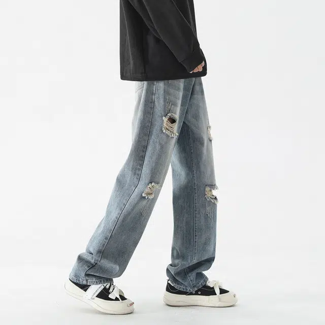 【猫须纹破洞】布客行 美式潮牌出纯色废土风磨破设计感通勤长裤子宽松大码阔腿显瘦显高港风高街小众百搭学院风牛仔裤 男女同款