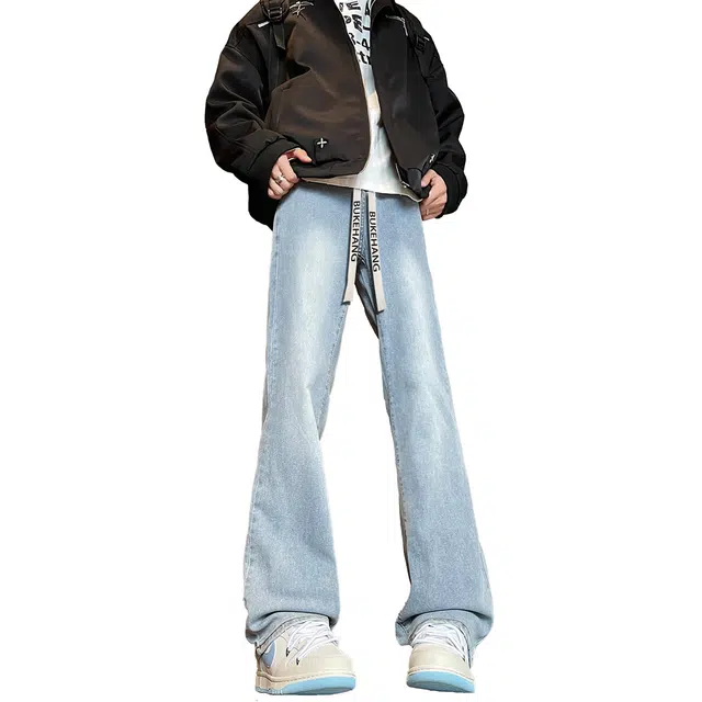 【水洗外套裤子一套】布客行 翻领设计防风扣美式复古高街落肩上衣夹克直筒做旧微喇基础款松紧腰抽绳牛仔裤休闲运动套装 男女同款