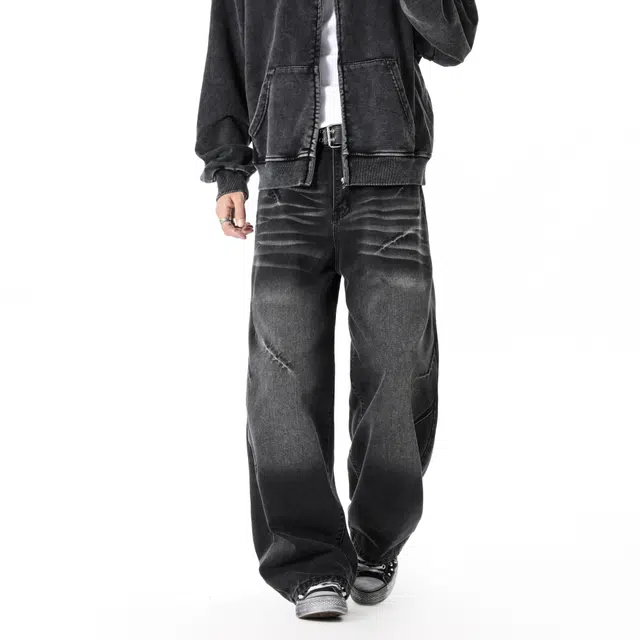 【闪电纹褶皱黑牛】布客行 磨白直筒阔腿美式高街复古水洗做旧宽松弯刀松紧腰休闲百搭显高显瘦柔软微弹舒适学院风经典牛仔裤 男女同款