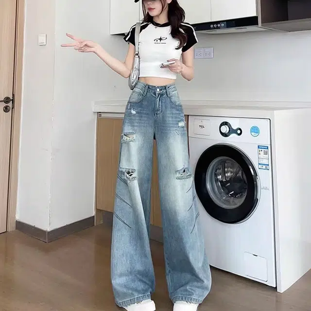 布客行 美式破洞遮肉显高显瘦复古直筒阔腿宽松舒适休闲百搭蓝色拖地垂感弯刀微喇长裤子水洗做旧设计感猫须高街柔软舒适牛仔裤 男女同款