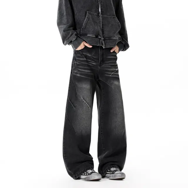【闪电纹褶皱黑牛】布客行 磨白直筒阔腿美式高街复古水洗做旧宽松弯刀松紧腰休闲百搭显高显瘦柔软微弹舒适学院风经典牛仔裤 男女同款