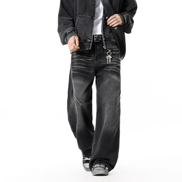 【闪电纹褶皱黑牛】布客行 磨白直筒阔腿美式高街复古水洗做旧宽松弯刀松紧腰休闲百搭显高显瘦柔软微弹舒适学院风经典牛仔裤 男女同款
