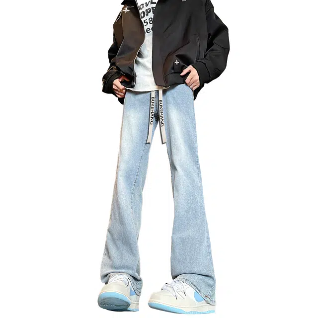 【绒感雾花皮外套裤子一套】布客行 机车风高街扎染色美式复古上衣夹克直筒水洗做旧微喇基础款松紧腰抽绳牛仔裤休闲运动套装 男女同款