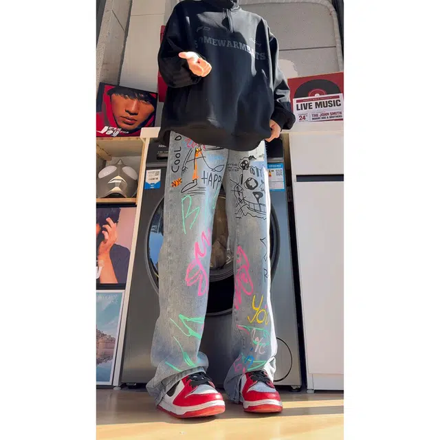 【趣味涂鸦蓝牛】布客行 美式高街潮牌复古港风微喇弯刀垂感慵懒直筒水洗做旧渐变拼接休闲舒适百搭学生四季可穿长裤子牛仔裤 男女同款