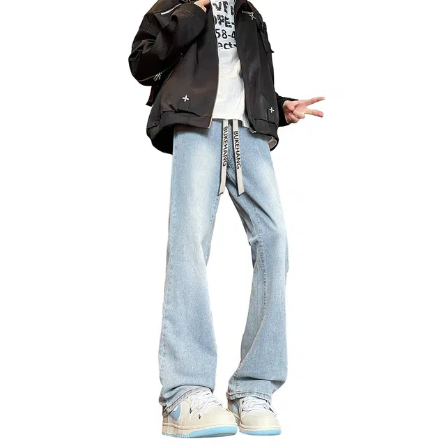 【水洗外套裤子一套】布客行 翻领设计防风扣美式复古高街落肩上衣夹克直筒做旧微喇基础款松紧腰抽绳牛仔裤休闲运动套装 男女同款