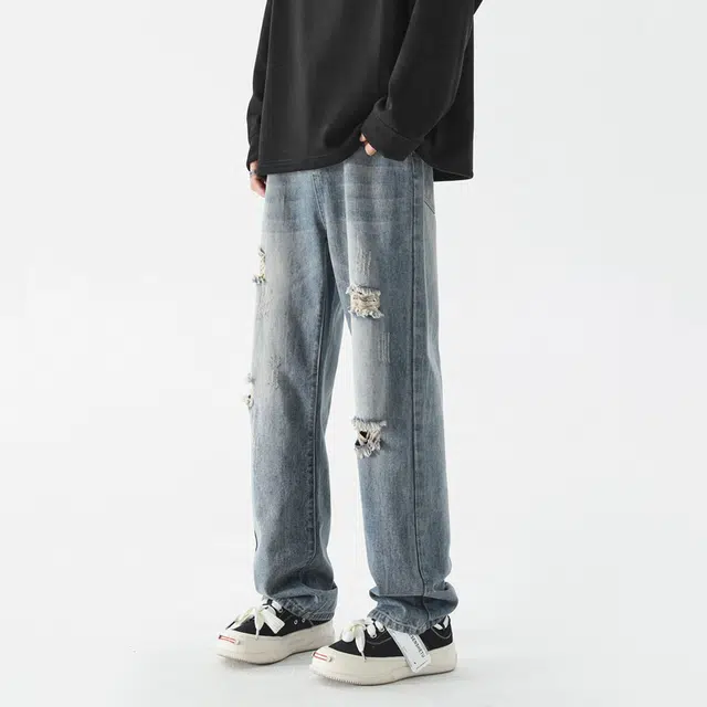 【猫须纹破洞】布客行 美式潮牌出纯色废土风磨破设计感通勤长裤子宽松大码阔腿显瘦显高港风高街小众百搭学院风牛仔裤 男女同款