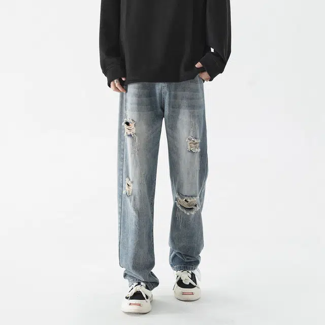 【猫须纹破洞】布客行 美式潮牌出纯色废土风磨破设计感通勤长裤子宽松大码阔腿显瘦显高港风高街小众百搭学院风牛仔裤 男女同款