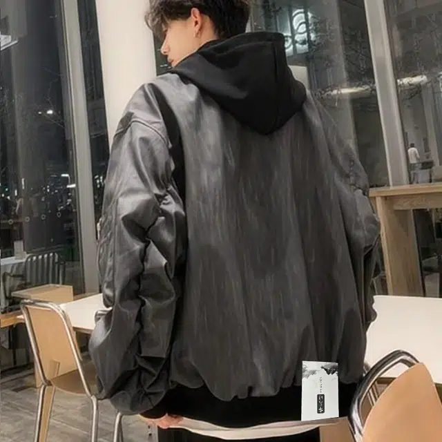 【假两件PU皮外套】布客行 美式高街连帽纹理皮衣宽松舒适嘻哈街头休闲百搭机能风户外长袖拼接层次感飞行员机车风夹克 男女同款