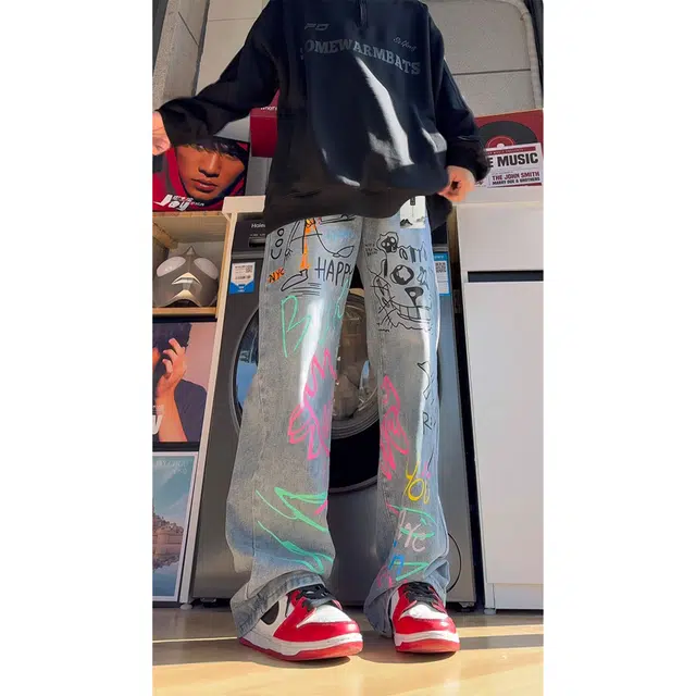 【趣味涂鸦蓝牛】布客行 美式高街潮牌复古港风微喇弯刀垂感慵懒直筒水洗做旧渐变拼接休闲舒适百搭学生四季可穿长裤子牛仔裤 男女同款