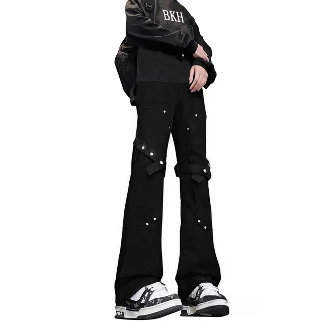 【四季可穿绑带黑牛】布客行 重工铆钉拼接美式高街水洗复古直筒工装机能风柔软舒适休闲百搭弯刀修身长裤垂感显高显瘦牛仔裤 男女同款