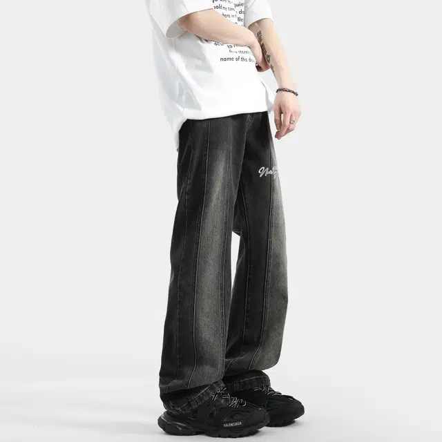 【微喇弹力免烫】布客行 美式高街复古重工水洗做旧长裤子可拆卸别针宽松显高显瘦阔腿学院风休闲百搭纯色柔软舒适华棉牛仔裤 男女同款