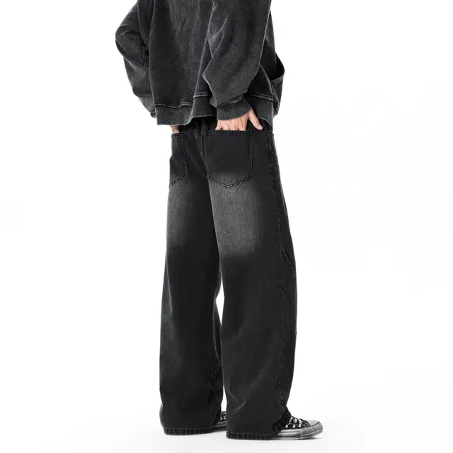 【闪电纹褶皱黑牛】布客行 磨白直筒阔腿美式高街复古水洗做旧宽松弯刀松紧腰休闲百搭显高显瘦柔软微弹舒适学院风经典牛仔裤 男女同款