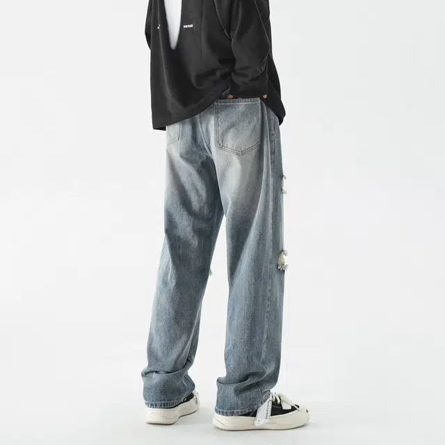 【猫须纹破洞】布客行 美式潮牌出纯色废土风磨破设计感通勤长裤子宽松大码阔腿显瘦显高港风高街小众百搭学院风牛仔裤 男女同款