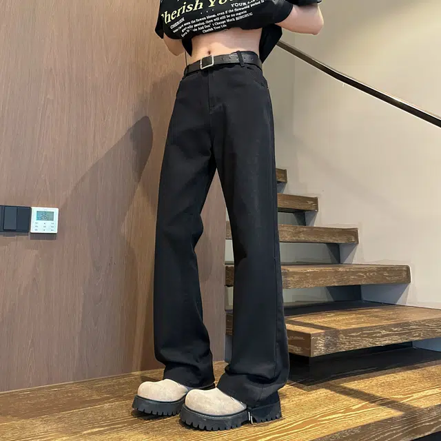 【显高显瘦显腿长】布客行 高街微喇弹力免烫修身重工美式复古水洗做旧长裤子直筒学院风复古休闲百搭纯色柔软舒适牛仔裤 男女同款