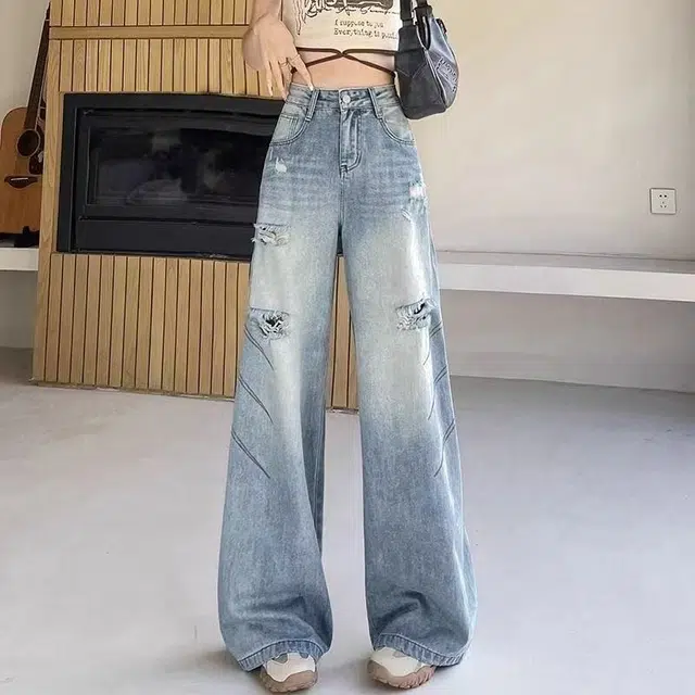 布客行 美式破洞遮肉显高显瘦复古直筒阔腿宽松舒适休闲百搭蓝色拖地垂感弯刀微喇长裤子水洗做旧设计感猫须高街柔软舒适牛仔裤 男女同款