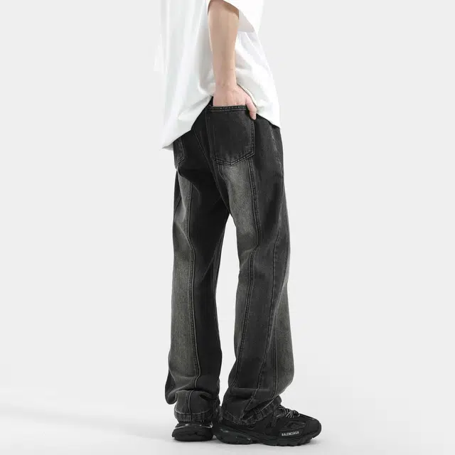 【微喇弹力免烫】布客行 美式高街复古重工水洗做旧长裤子可拆卸别针宽松显高显瘦阔腿学院风休闲百搭纯色柔软舒适华棉牛仔裤 男女同款