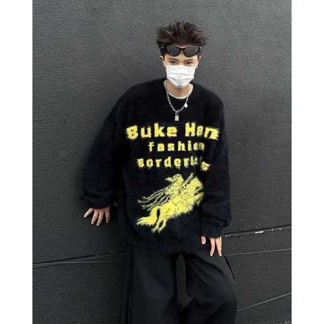 布客行 斯巴达勇士提花字母仿水貂绒毛衣美式高街宽松复古慵懒风休闲百搭海马毛痞帅嘻哈舒适防风防寒打底衫长袖圆领套头针织衫 男女同款