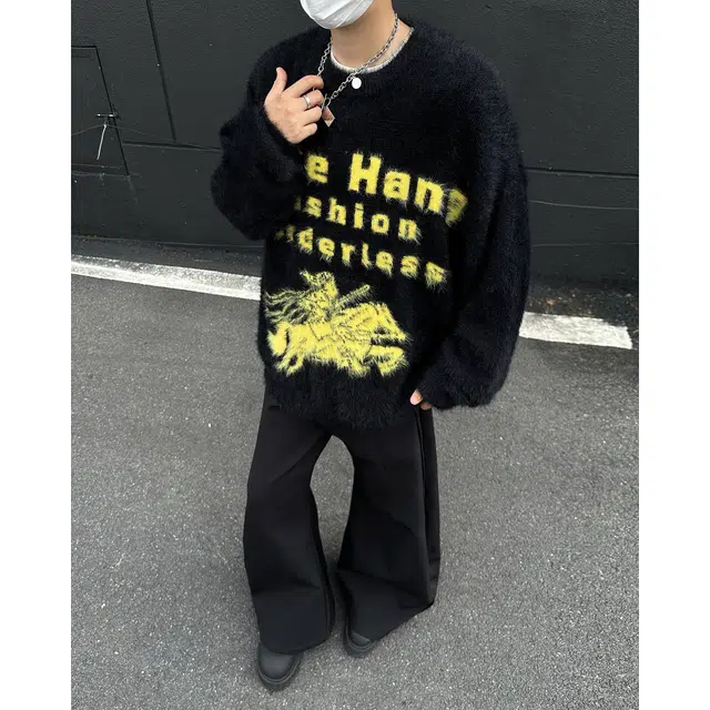 布客行 斯巴达勇士提花字母仿水貂绒毛衣美式高街宽松复古慵懒风休闲百搭海马毛痞帅嘻哈舒适防风防寒打底衫长袖圆领套头针织衫 男女同款