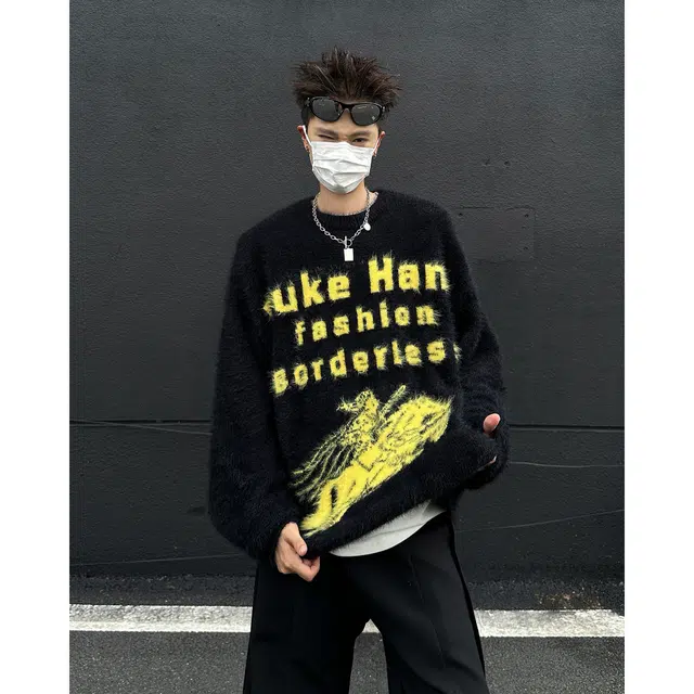 布客行 斯巴达勇士提花字母仿水貂绒毛衣美式高街宽松复古慵懒风休闲百搭海马毛痞帅嘻哈舒适防风防寒打底衫长袖圆领套头针织衫 男女同款