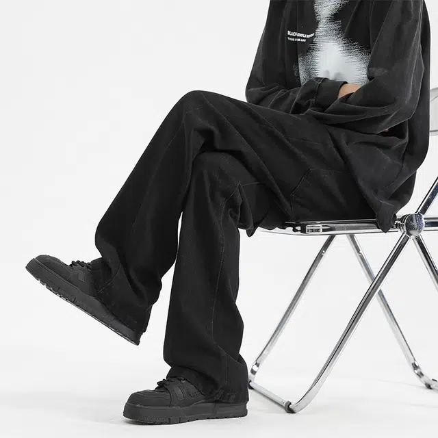 布客行 美式复古废土风修身水洗直筒基础款高街舒适亲肤透气微喇弯刀休闲百搭纯色裤子抽绳弹力长裤牛仔裤 男女同款