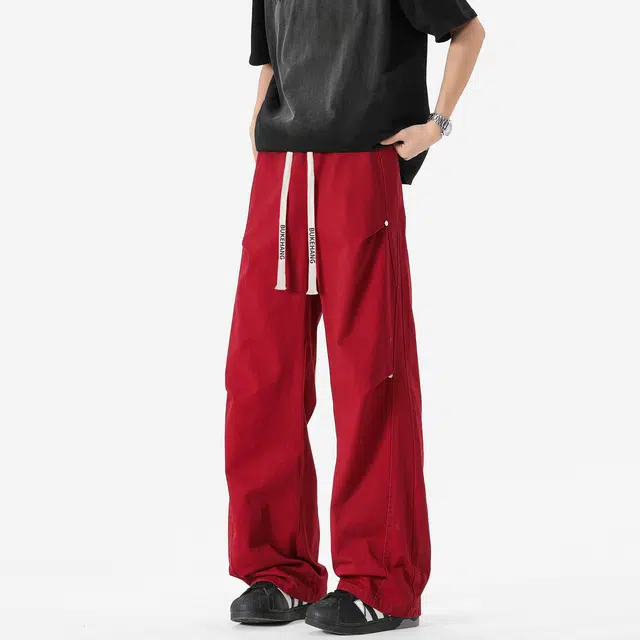 【纯棉质感遮肉显瘦】布客行 阔腿大码卫裤美式高街柔和亲肤铆钉褶皱设计感户外机能风长裤子直筒中腰抽绳伞兵裤纯色百搭休闲裤 男女同款