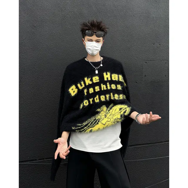 布客行 斯巴达勇士提花字母仿水貂绒毛衣美式高街宽松复古慵懒风休闲百搭海马毛痞帅嘻哈舒适防风防寒打底衫长袖圆领套头针织衫 男女同款